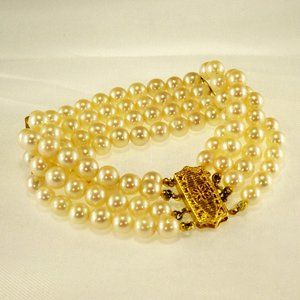 Vintage 4 Strand Natural Pearls 14K Gold DESIGNER Bracelet